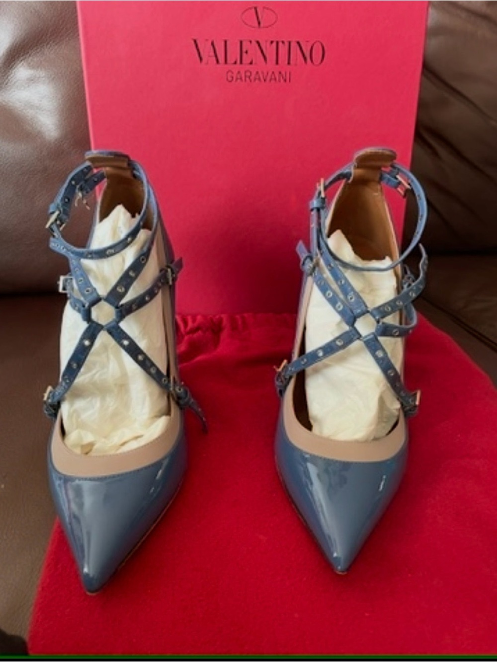 Valentino Garavani Blue Patent Leather Rockstud Crisscross Pumps